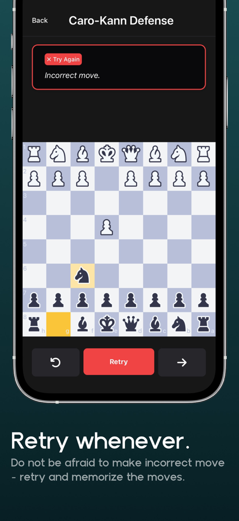 Übungsmodus-Oberfläche in der Schach Eröffnungen Theoria App zeigt eine Fehlermeldung für einen falschen Zug und eine Schaltfläche zum erneuten Versuch für die Caro-Kann-Verteidigung.