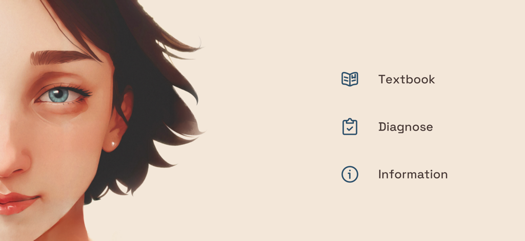 Pupil Wizard - Pantalla de inicio de la aplicación Pupil Wizard con opciones de menú de Libro de Texto y Diagnóstico y una ilustración médica estilizada de un ojo humano.