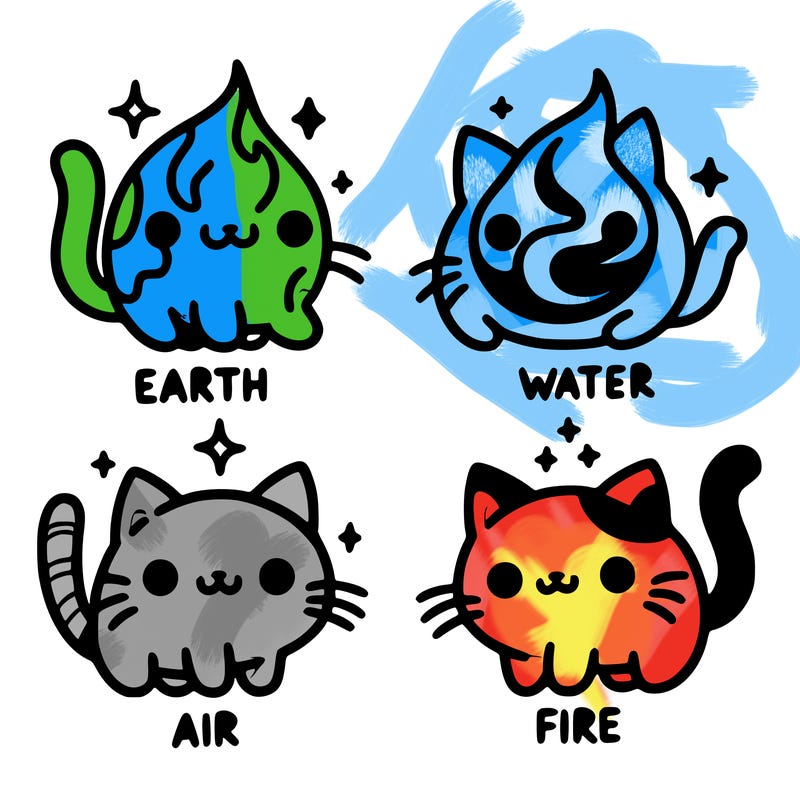4 cats that represent the different elements, earth, water, air, and fire