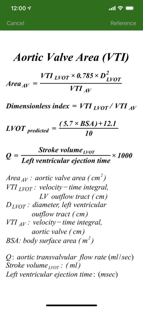 EchoLabアプリのスクリーンショット、VTI法を使用した大動脈弁面積の計算式と変数定義を表示
