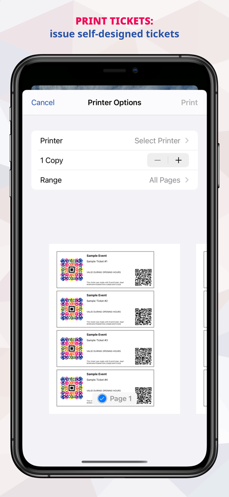 EventCode+ XQ QR Ticket System - Smartphone screen showing printer settings and a preview of four custom tickets with QR codes