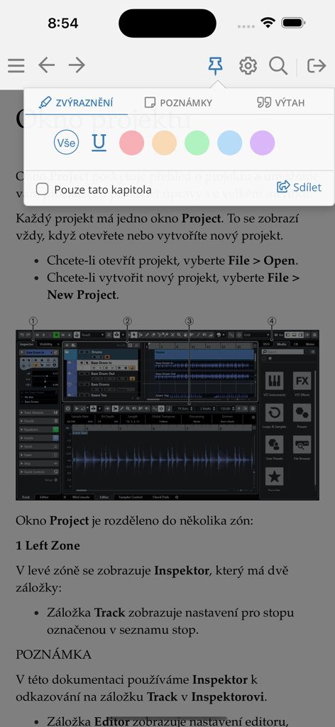 Publi - Annotation menu in the Publi app showing highlighting colors and note options over a technical textbook page