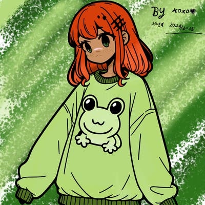 girl wearing frogging sweatshirt
