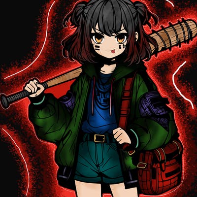 an anime girl with a baseball bat and streetwear