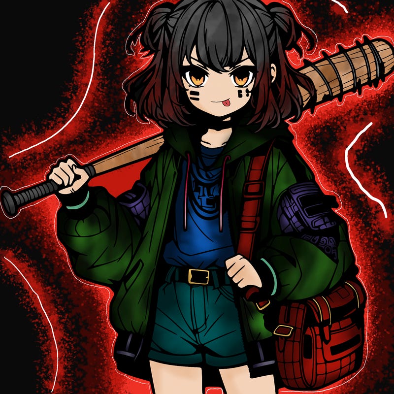 an anime girl with a baseball bat and streetwear