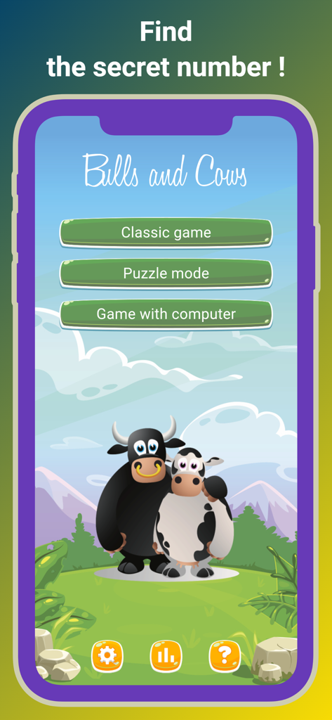 Bulls & Cows - Mastermind - Main menu of the Bulls and Cows Mastermind app featuring game mode buttons and cartoon bull and cow illustrations.