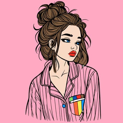 realistic woman with pajamas on and a messy bun