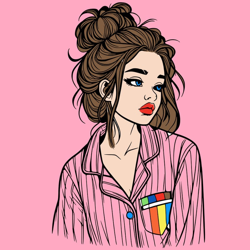 realistic woman with pajamas on and a messy bun