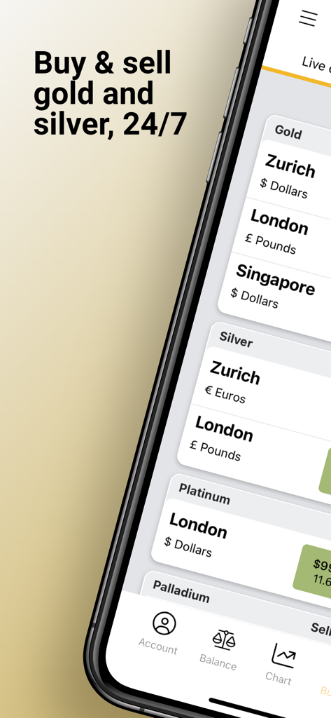 BullionVault: gold and silver - BullionVault mobile app screen showing gold and silver trading options in global vaults