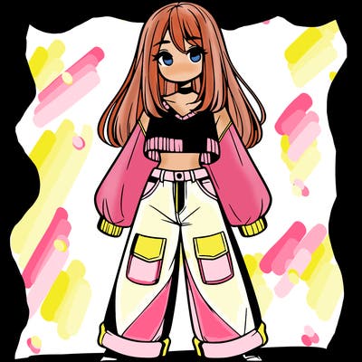 cute girl with straight hair in baggy jeans and a crop top and a sweater