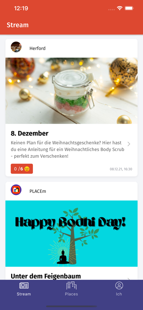 PLACEm - Die Mitrede-App - Capture d'écran du flux de l'application PLACEm montrant des publications communautaires locales et du contenu interactif.