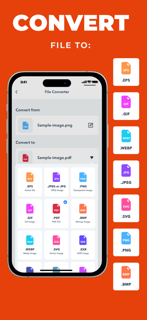 Interface of the PDF Photos and Converter app showing multiple image and document file format options for conversion