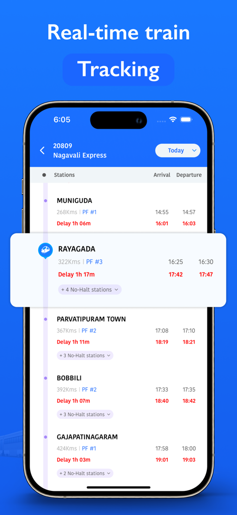 RailOne app interface showing live train tracking and arrival status for Indian Railways