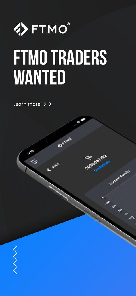 FTMO prop trading app promo with the text Traders Wanted and a smartphone displaying trading results