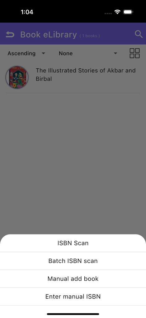 Book eLibrary - L'application Book eLibrary montrant les options pour ajouter des livres par scan ISBN ou par saisie manuelle