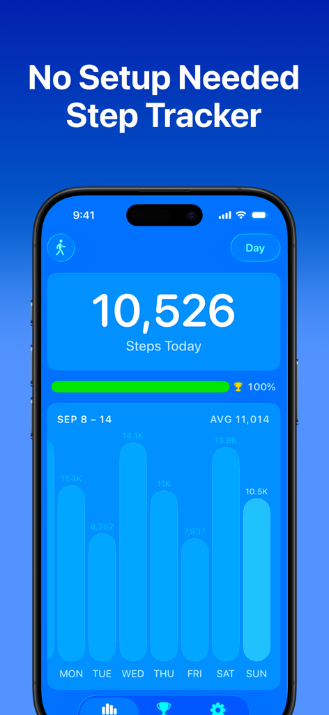 Steps: Step Counter, Pedometer - Pantalla de smartphone mostrando el conteo de pasos diarios y un gráfico de actividad semanal en la aplicación Pasos