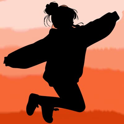 realistic girl jumping with a bun and oversized sweatshirt
