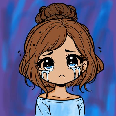 a beautiful crying girl with short hair in a tiny messy bun and looks emotionless