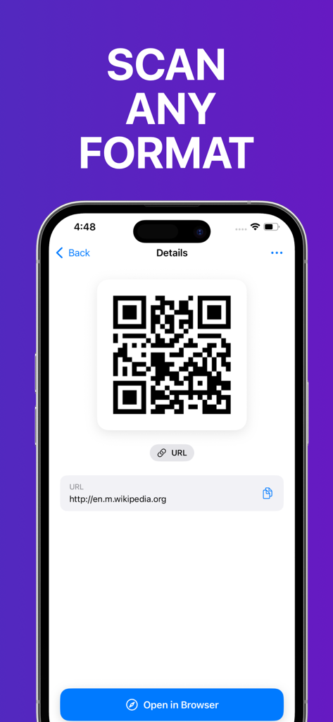 A smartphone screen showing the QR Code and Barcode Scanner app displaying a scanned Wikipedia link from a QR code.