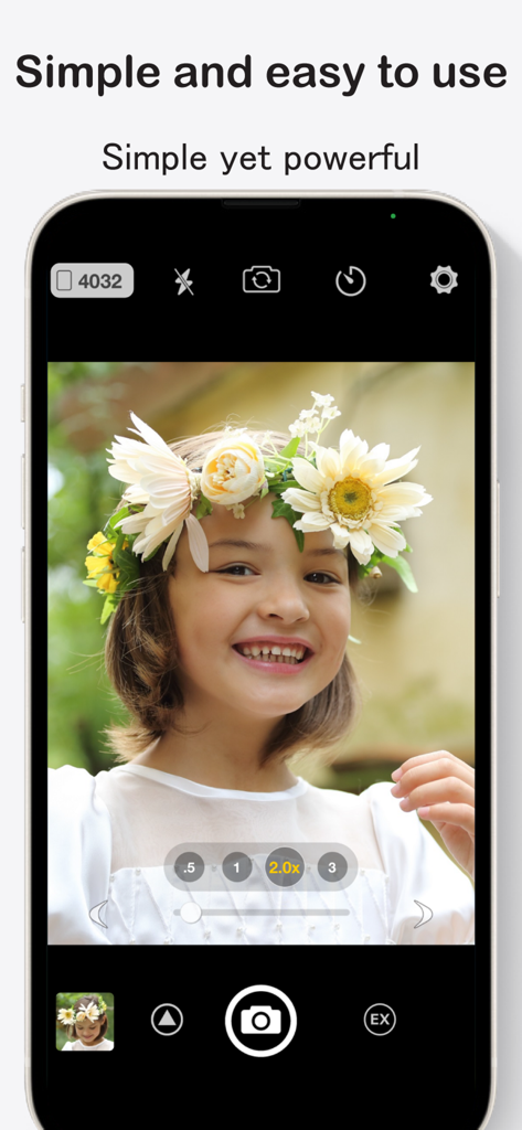 Interfaz de la aplicación móvil StageCameraHD2 mostrando configuraciones de cámara simples pero potentes y una foto de retrato