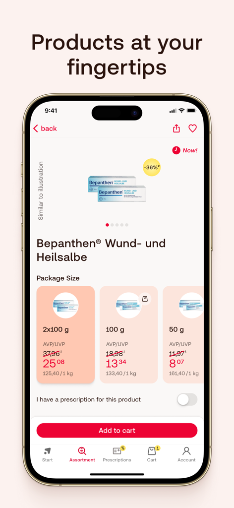 Product page for Bepanthen ointment in the Shop Apotheke Redcare app showing various package sizes and discount prices