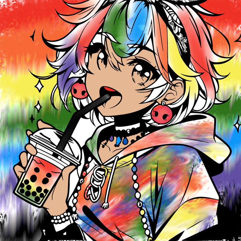 hot baddie anime girl drinking boba and biting the straw