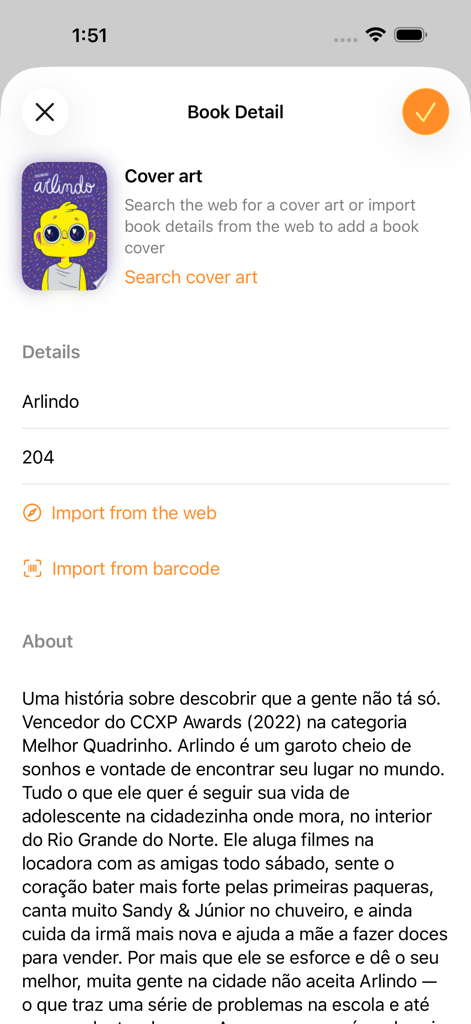 Eine Detailansicht eines Buches in der Lesezeichen-App, die das Coverbild, die Seitenzahl und eine kurze Beschreibung anzeigt