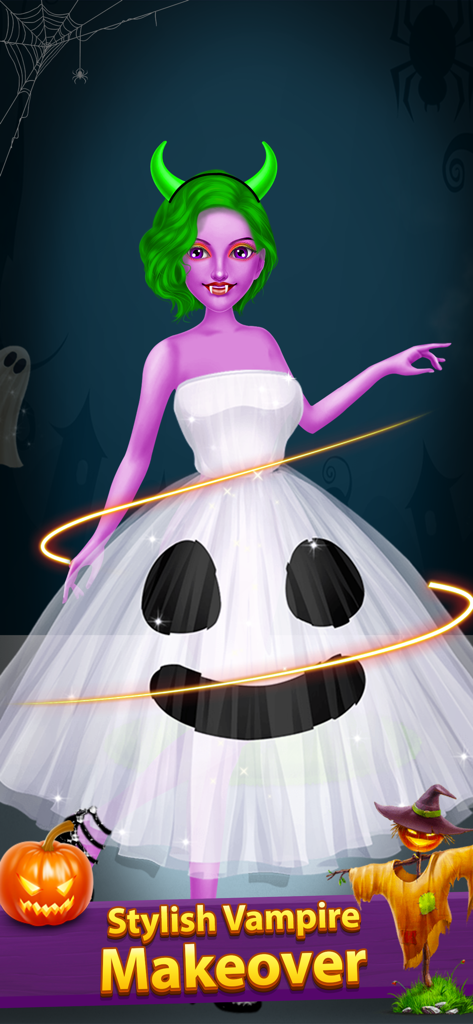 Halloween Makeover Salon Games - A purple skinned female character with green hair and horns wearing a white dress with a pumpkin face in a Halloween makeover game.