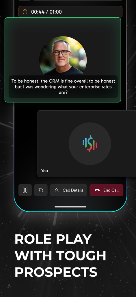 CloserCoach app interface showing a sales role play session with an AI prospect
