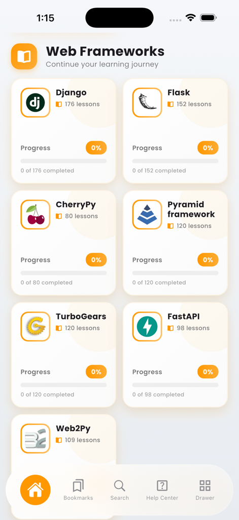 The Web Frameworks learning module screen in the Learn Python Programming Pro app showing courses for Django, Flask, and FastAPI.