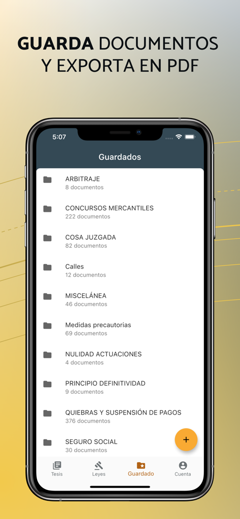 IUS - Tesis y leyes de México - Captura de pantalla de la aplicación de leyes mexicanas IUS que muestra carpetas guardadas para diferentes categorías legales como arbitraje y derecho comercial.