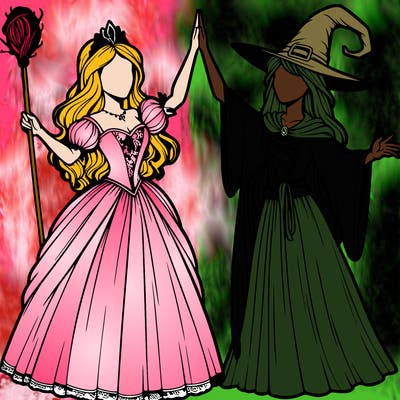 detailed realistic split of a princess and a witch