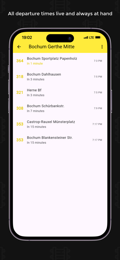 Mobile App-Oberfläche, die Echtzeit-Abfahrtszeiten von Bussen und Bahnen für die Haltestelle Bochum Gerthe Mitte anzeigt.