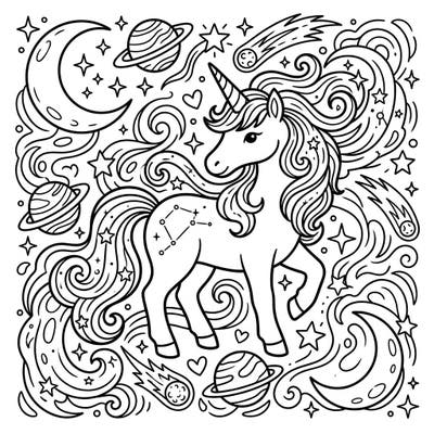 Embark on a magical coloring journey with this enchanting celestial unicorn template. Designed for kids, this page offers a wondrous cosmic landscape filled with stars, planets, and a friendly unicorn to bring to life.