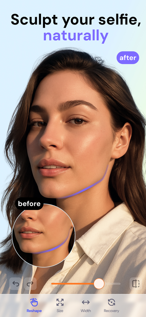 FaceAI・Face & Makeup AI Editor - FaceAI app interface showing jawline reshaping on a woman portrait