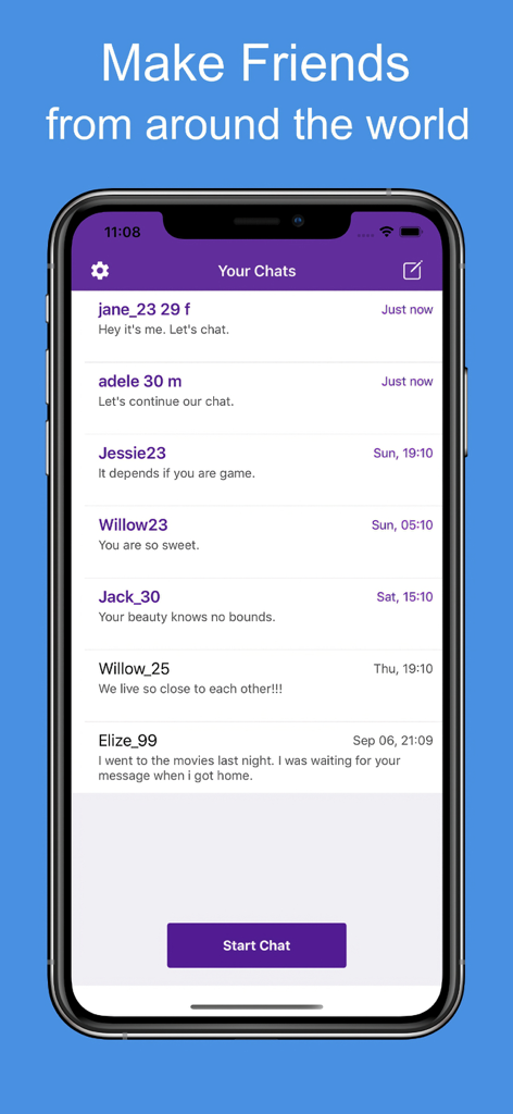 Vibe Chat: Video Chat Live - Ein Screenshot der Vibe Chat App zeigt eine Liste von Gesprächen und den Text Freunde aus aller Welt finden.