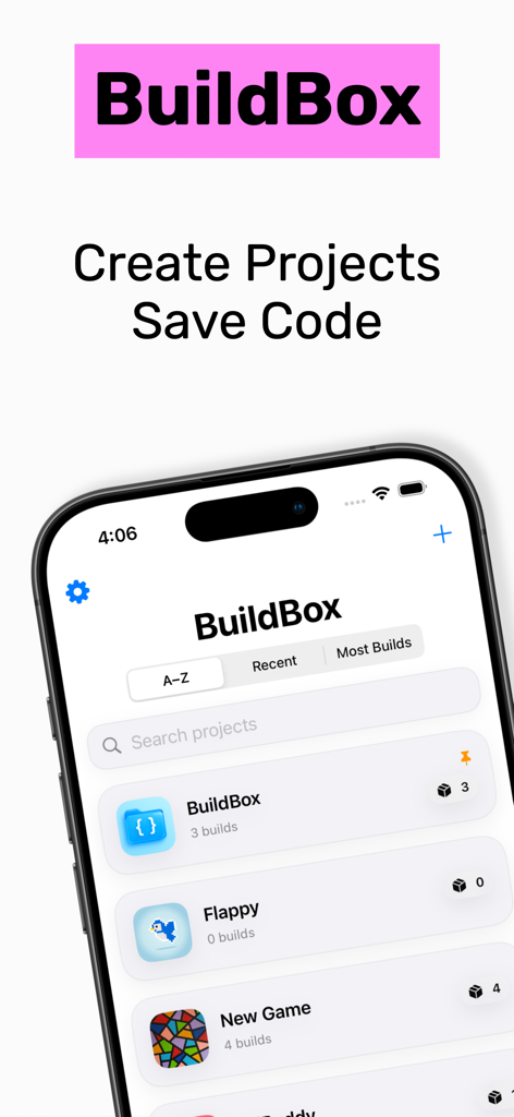 BuildBox - iPhone screen displaying the BuildBox app interface with a list of development projects including project names and build counts.