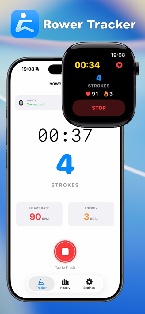 Rower Tracker - Rower Tracker app interface showing workout metrics synced between iPhone and Apple Watch