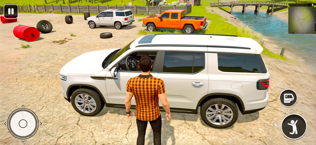 Third person view of a player character standing next to a white SUV in an open world offroad environment.