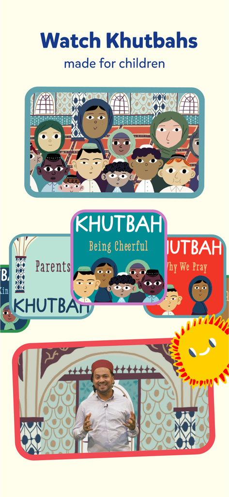 Educational Islamic video Khutbahs for children featuring diverse characters and real teachers.