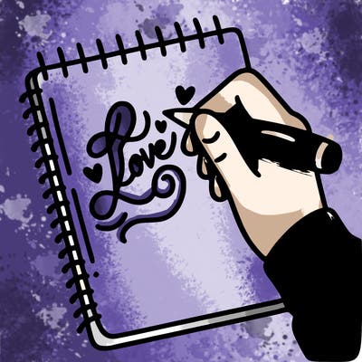 a hand writing “love” in calligraphy on a notebook