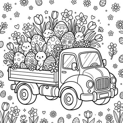 Get ready for an adorable Easter celebration with this charming flatbed truck coloring page, overflowing with cute bunnies, decorated eggs, and fresh spring flowers. It's the perfect way to welcome spring and enjoy some festive coloring fun!