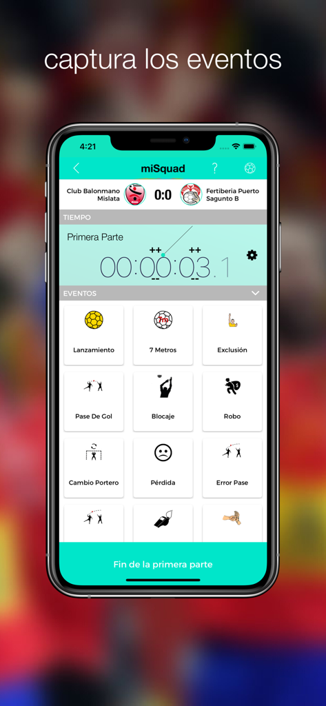 Interfaz de la aplicación móvil iSquad PDC para registrar eventos de partidos deportivos en tiempo real y datos de rendimiento de jugadores