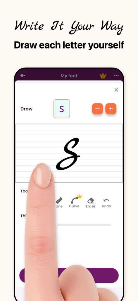 カリグラファーアプリのインターフェース。指が筆記体の文字「S」を描いて、パーソナライズされた手書きフォントを作成している様子が表示されています。
