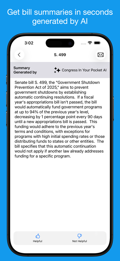 Congress Pro - AI-generated bill summary for the Government Shutdown Prevention Act inside the Congress Pro app.