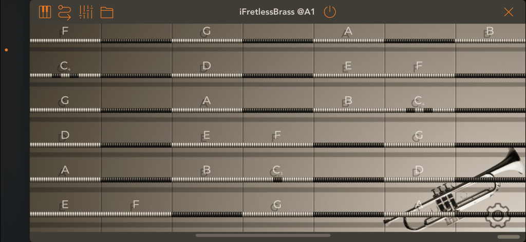 iFretless Brass - Digital fretboard interface of the iFretless Brass app featuring a string-inspired layout for playing brass instruments.