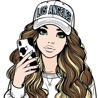 realistic beautiful girl wearing los ángeles cap holding an iphone