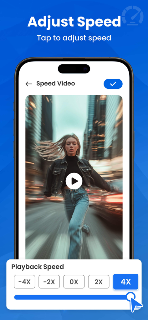 Video Compressor - VidPress - Interfaz de la aplicación VidPress mostrando opciones para ajustar la velocidad de reproducción del video desde cámara lenta hasta avance rápido.