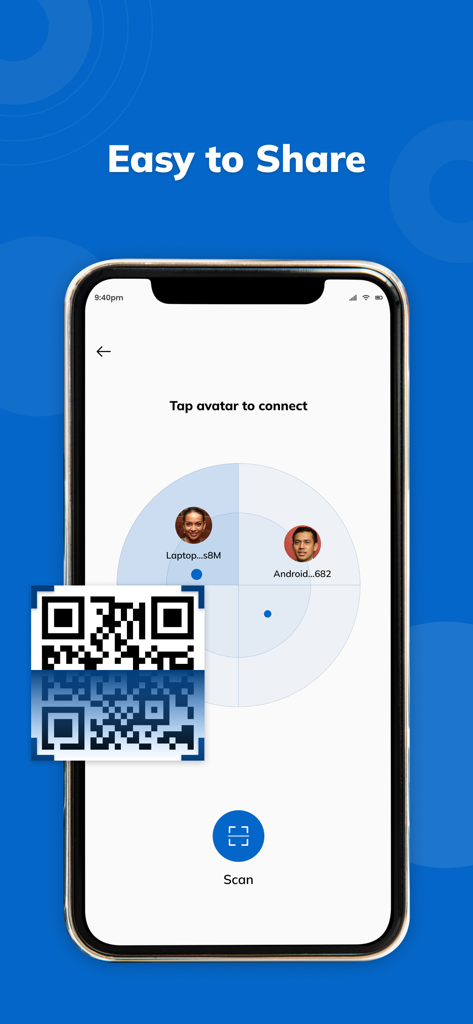 ShareMe - File Share - Interfaz de la aplicación ShareMe mostrando la conexión de radar y el código QR para compartir archivos
