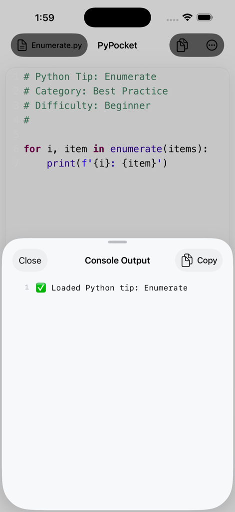 PyPocket - PyPocket mobile app showing a Python code editor with a console output window displaying execution results